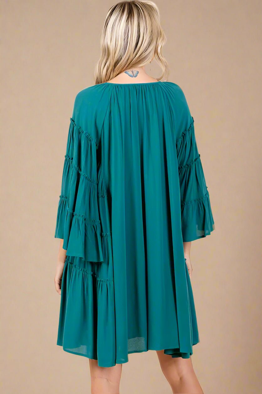 Mittoshop - Teal Green Tie Neck Bell Sleeve Mini Dress