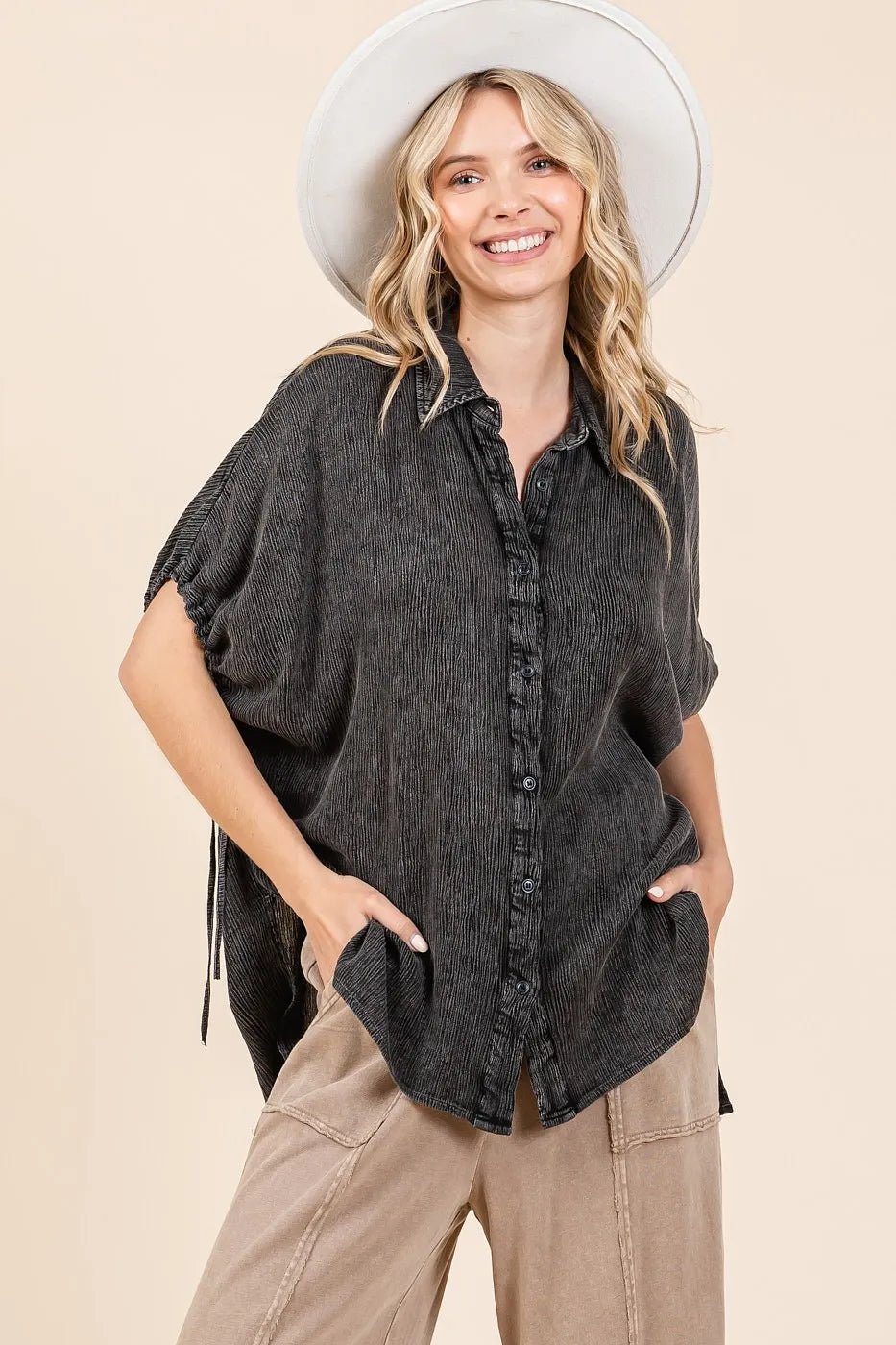 Mittoshop - Textured Drawstring Sleeve Button Down – Washed Charcoal Black