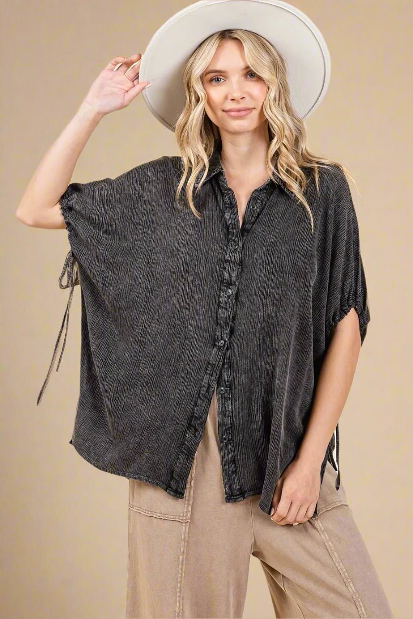 Mittoshop - Textured Drawstring Sleeve Button Down – Washed Charcoal Black