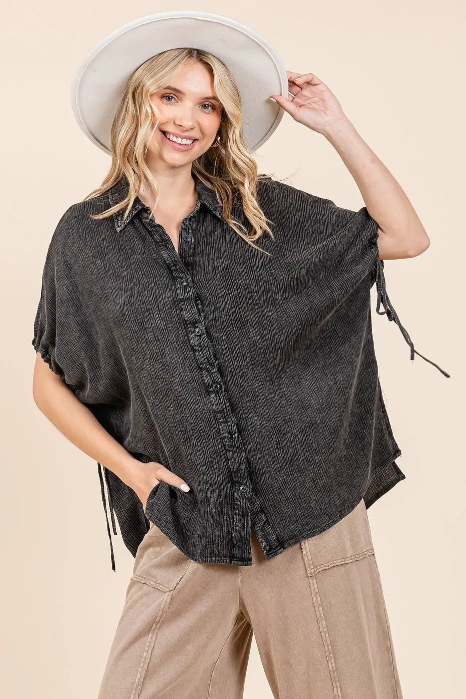 Mittoshop - Textured Drawstring Sleeve Button Down – Washed Charcoal Black