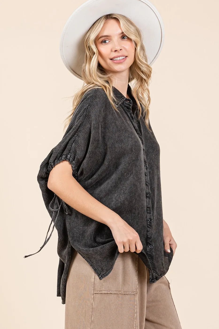 Mittoshop - Textured Drawstring Sleeve Button Down – Washed Charcoal Black