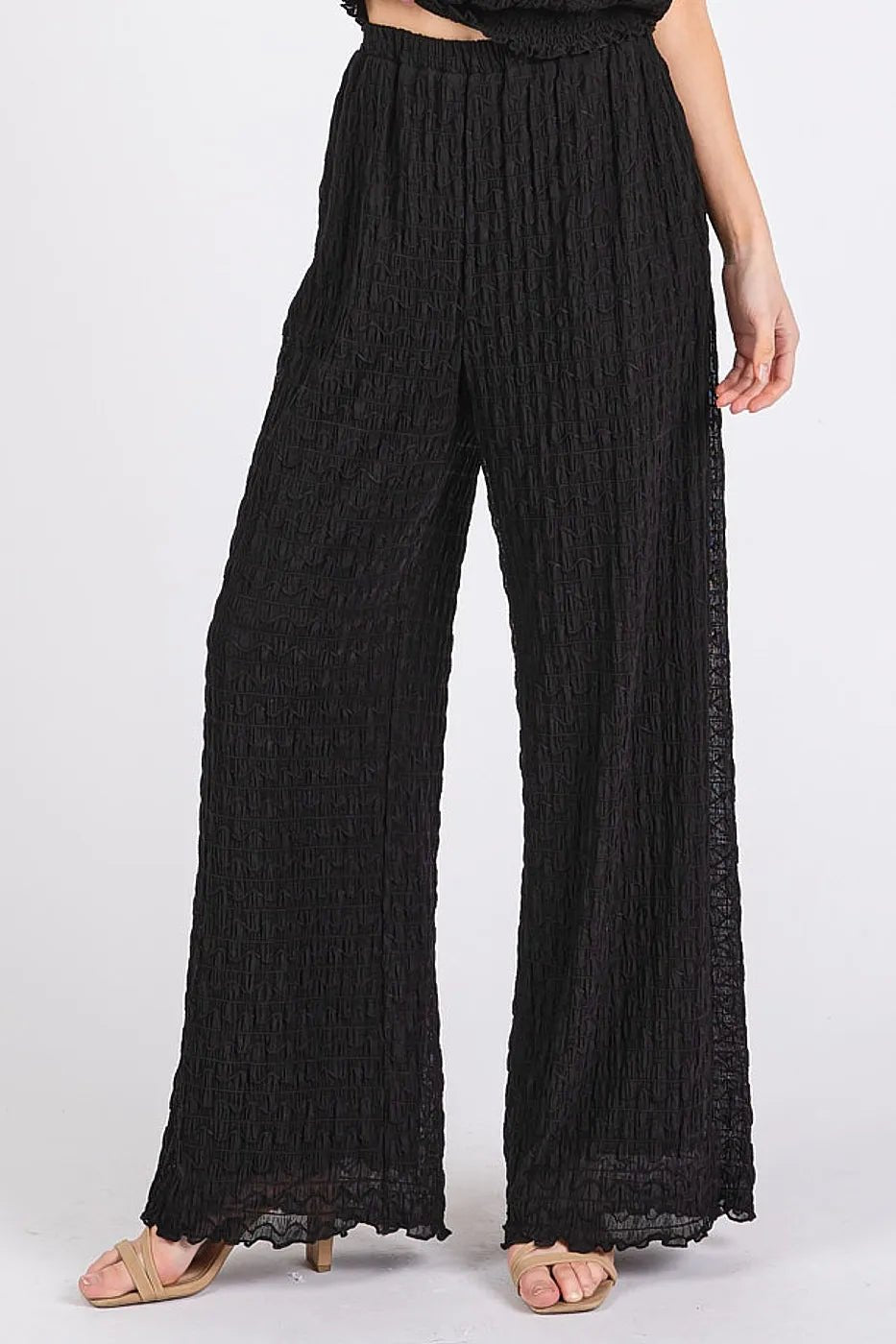 Mittoshop - Textured Sleeveless Top & Wide Leg Pants Set in Black