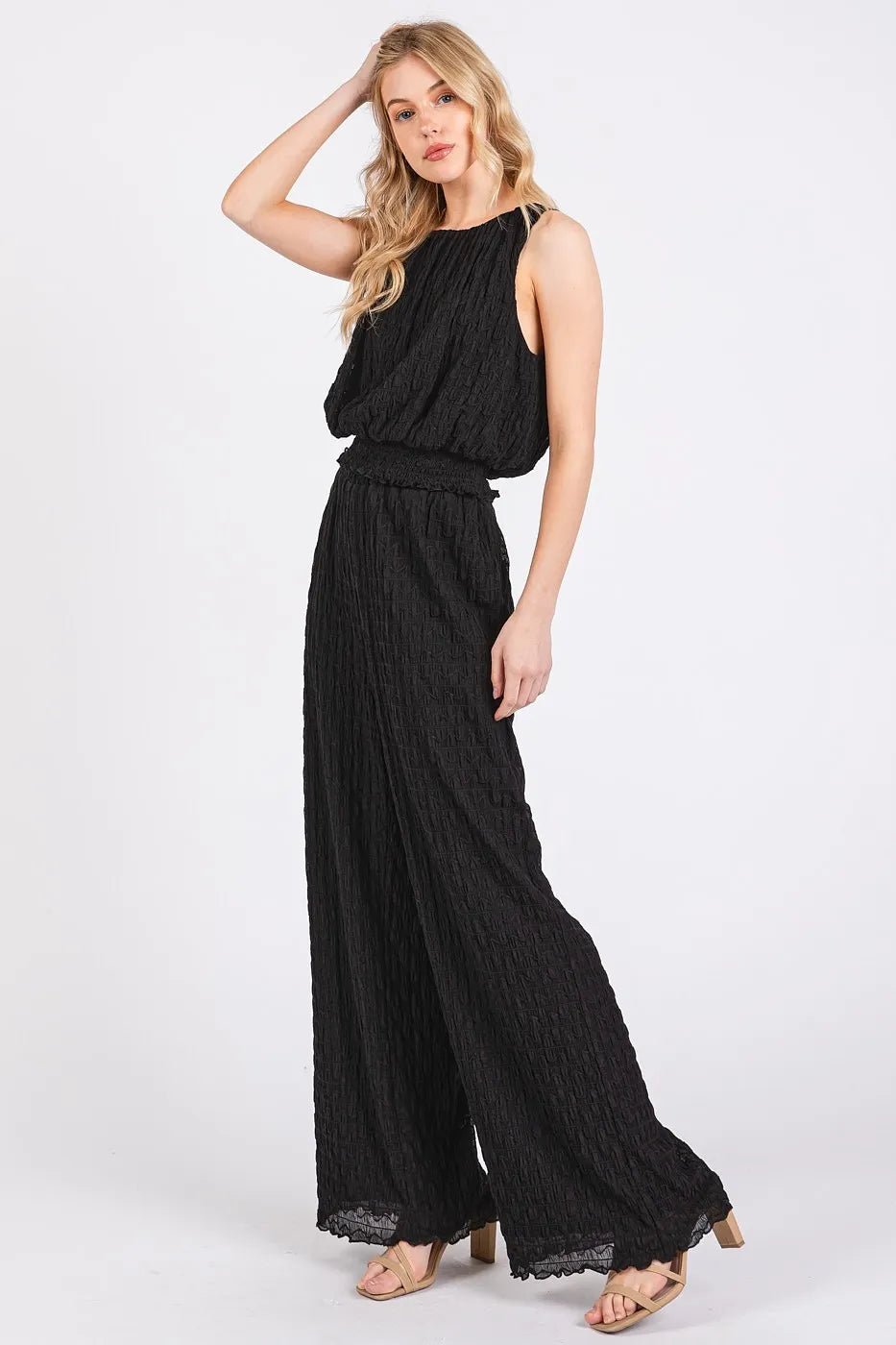 Mittoshop - Textured Sleeveless Top & Wide Leg Pants Set in Black