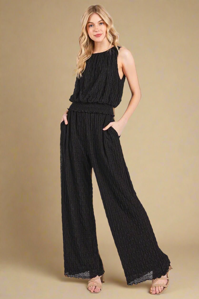 Mittoshop - Textured Sleeveless Top & Wide Leg Pants Set in Black