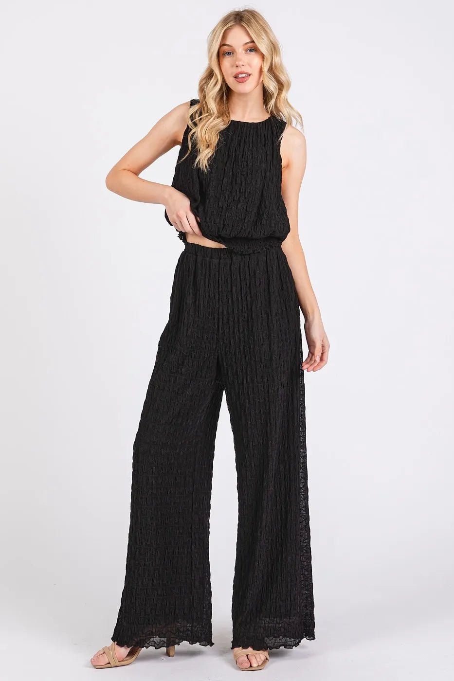 Mittoshop - Textured Sleeveless Top & Wide Leg Pants Set in Black