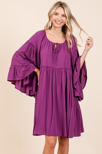Mittoshop - Tie Neck Bell Sleeve Mini Dress in Deep Magenta