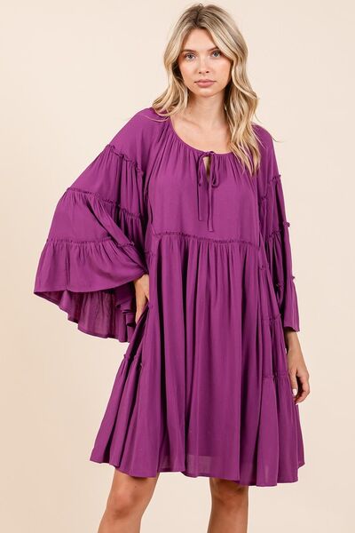 Mittoshop - Tie Neck Bell Sleeve Mini Dress in Deep Magenta