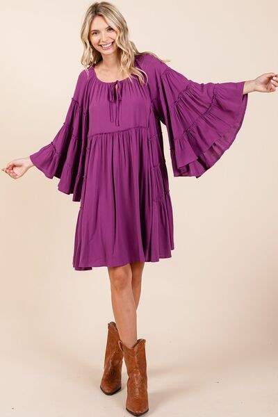 Mittoshop - Tie Neck Bell Sleeve Mini Dress in Deep Magenta