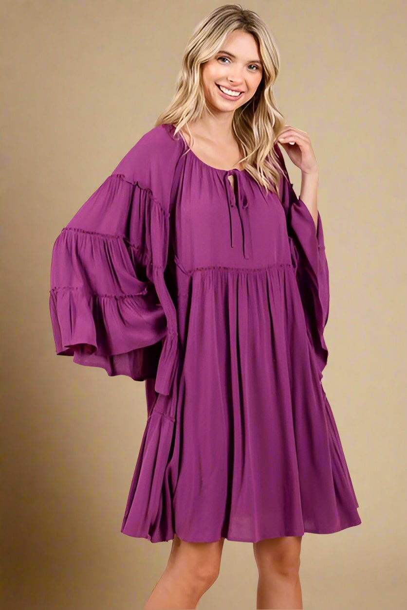 Mittoshop - Tie Neck Bell Sleeve Mini Dress in Deep Magenta