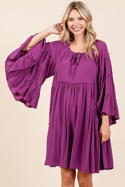Mittoshop - Tie Neck Bell Sleeve Mini Dress in Deep Magenta