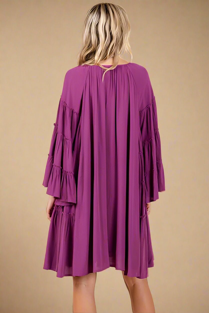 Mittoshop - Tie Neck Bell Sleeve Mini Dress in Deep Magenta