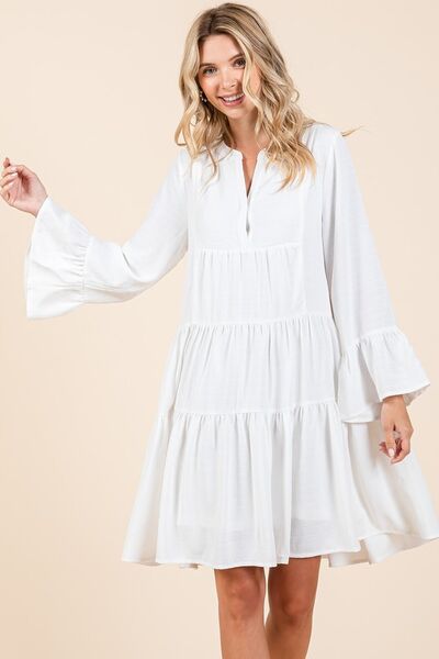 Mittoshop - Tiered Flare Sleeve Mini Dress in Ivory