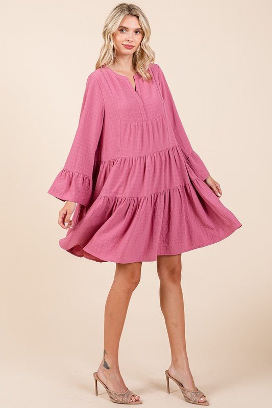 Mittoshop - Tiered Flare Sleeve Mini Dress in Rose