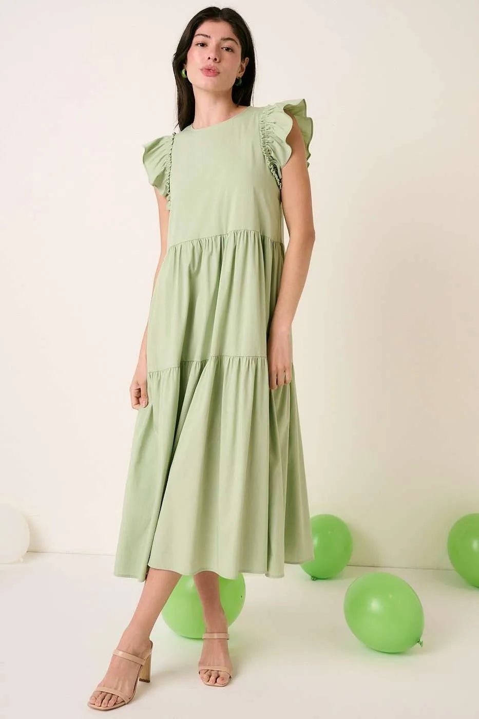 Mittoshop - Tiered Flutter Sleeve Maxi Dress in Soft Green