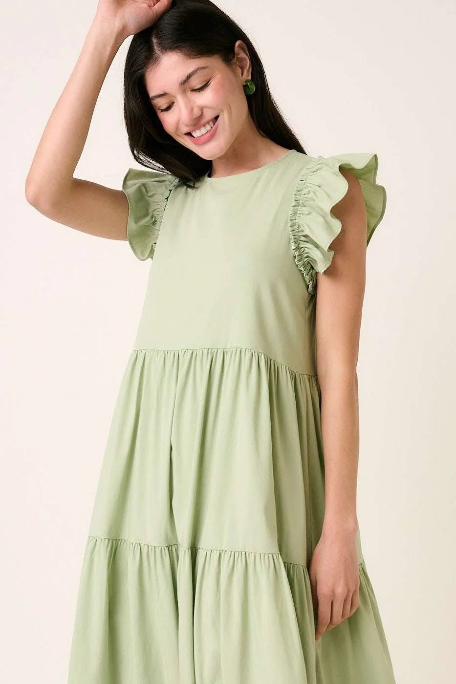 Mittoshop - Tiered Flutter Sleeve Maxi Dress in Soft Green