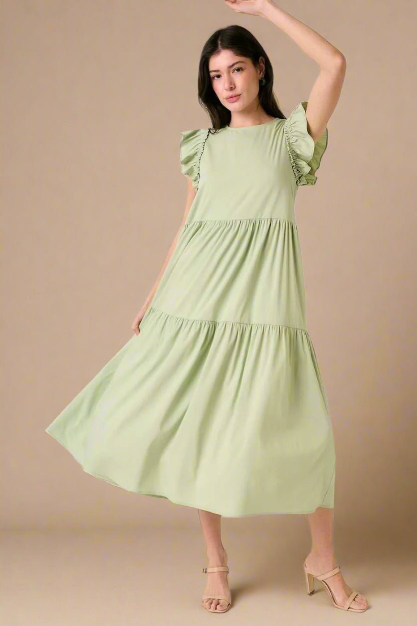Mittoshop - Tiered Flutter Sleeve Maxi Dress in Soft Green