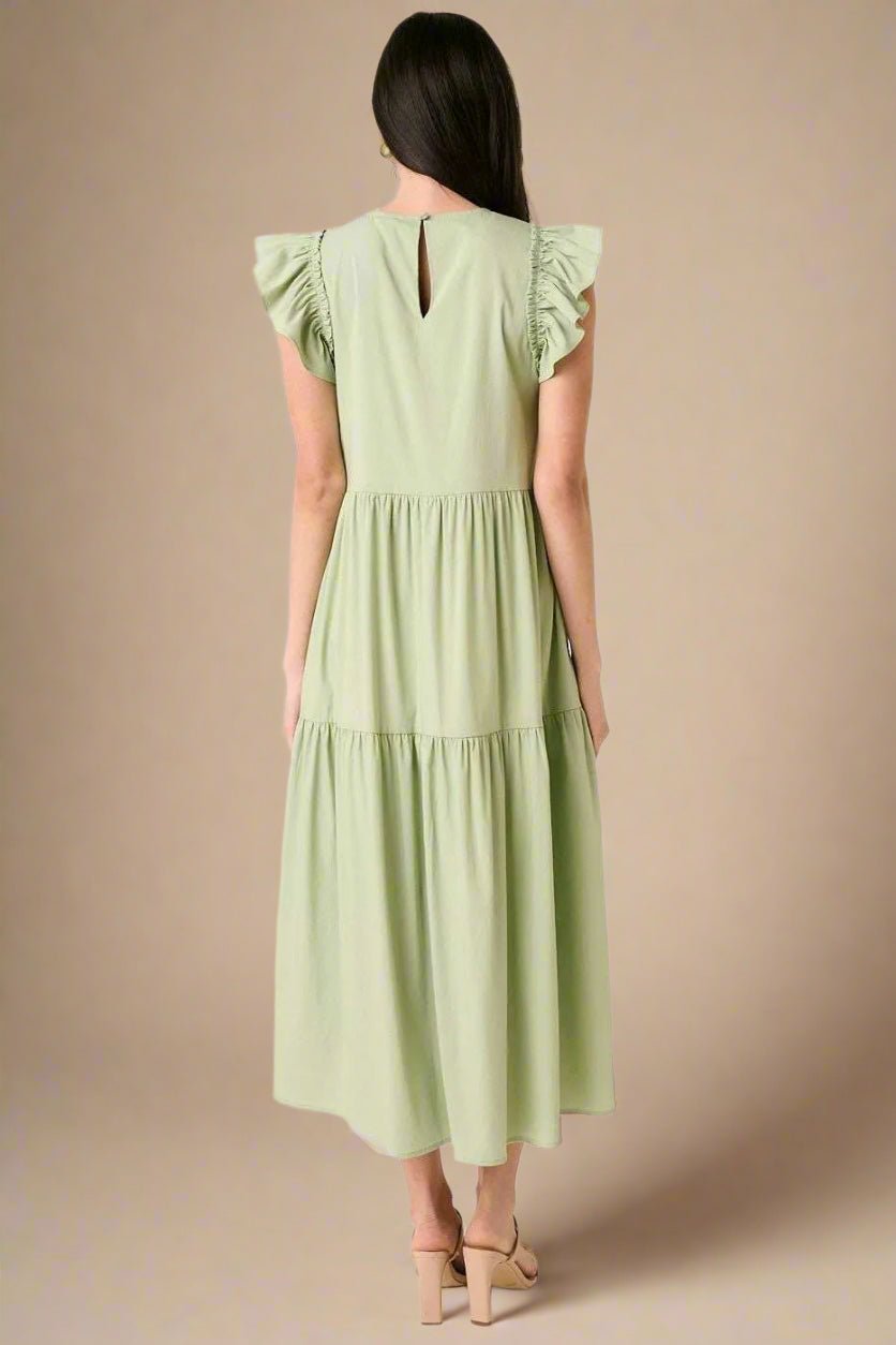 Mittoshop - Tiered Flutter Sleeve Maxi Dress in Soft Green