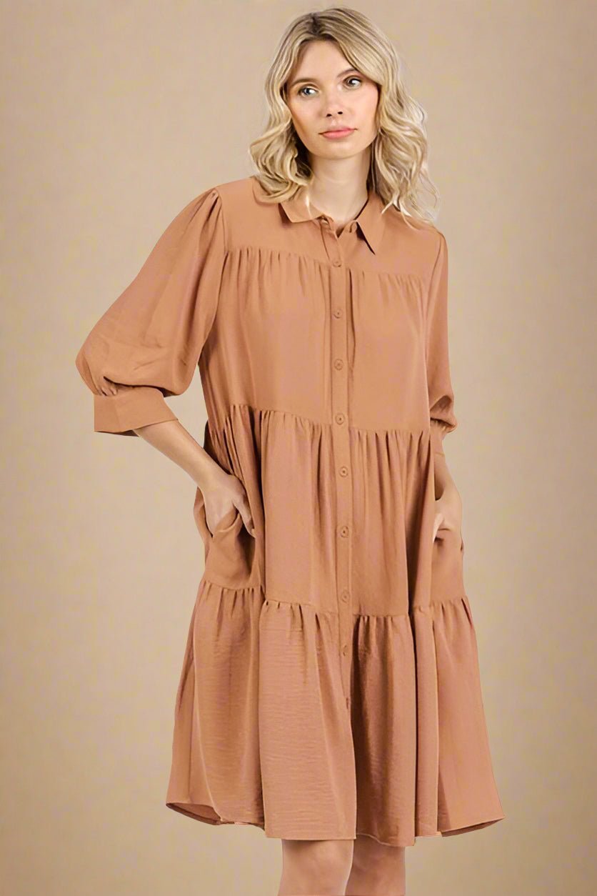 Mittoshop - Tiered Mini Shirt Dress in Ochre