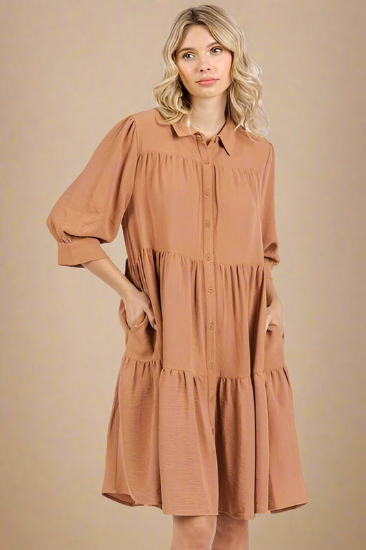 Mittoshop - Tiered Mini Shirt Dress in Ochre