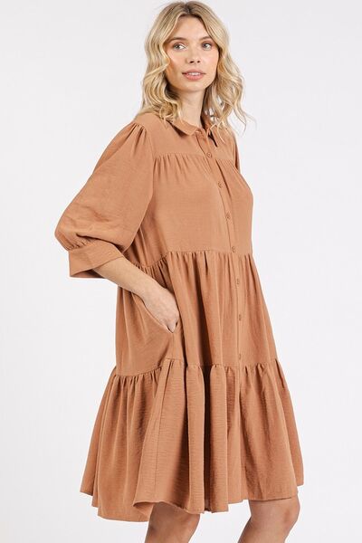 Mittoshop - Tiered Mini Shirt Dress in Ochre