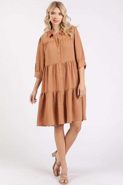 Mittoshop - Tiered Mini Shirt Dress in Ochre
