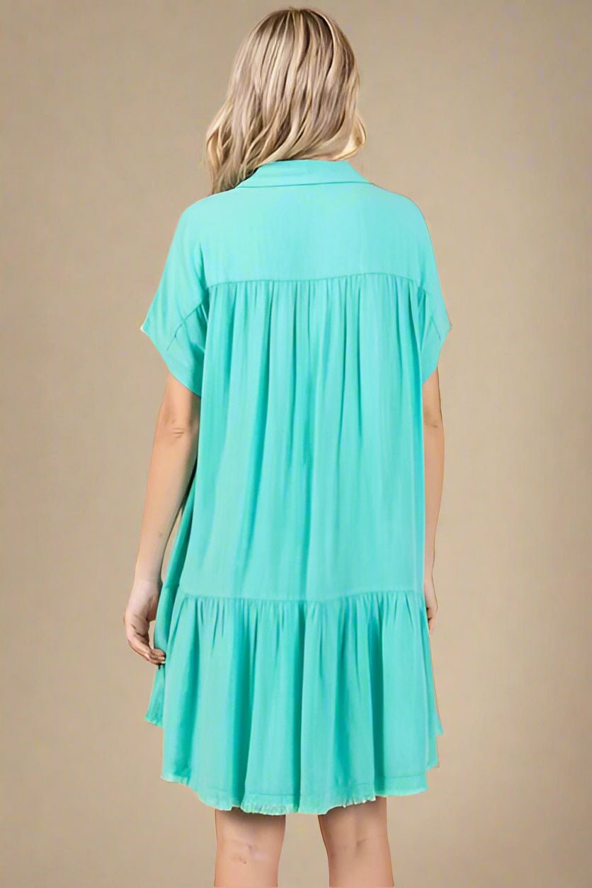 Mittoshop - Tiffany Blue Drop Waist Mini Shirt Dress