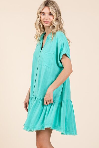 Mittoshop - Tiffany Blue Drop Waist Mini Shirt Dress