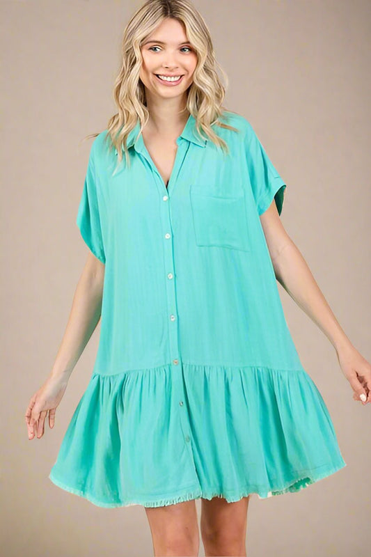 Mittoshop - Tiffany Blue Drop Waist Mini Shirt Dress