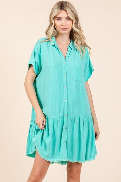 Mittoshop - Tiffany Blue Drop Waist Mini Shirt Dress
