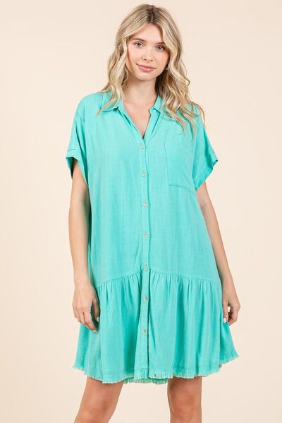 Mittoshop - Tiffany Blue Drop Waist Mini Shirt Dress