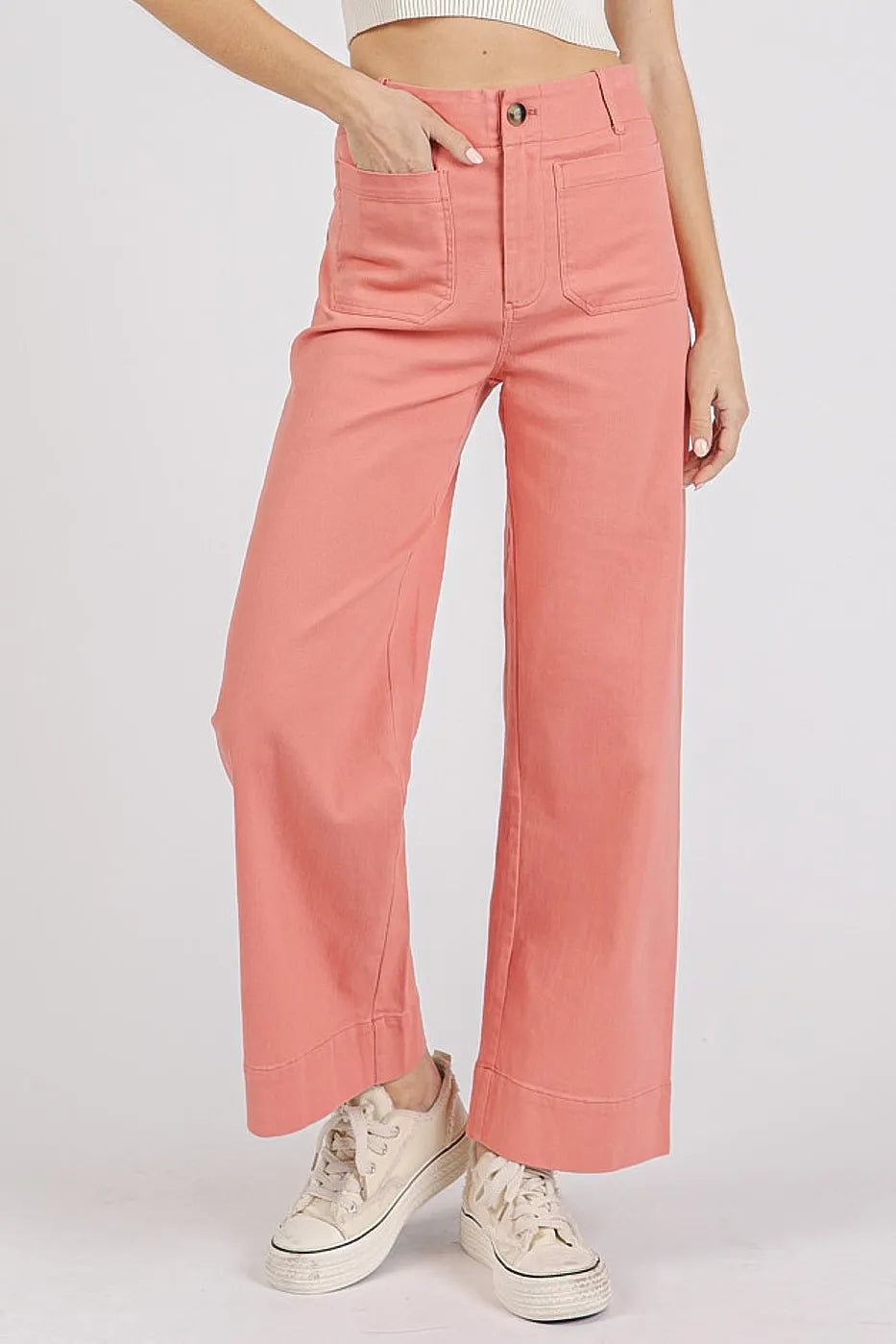 Mittoshop - Utility Wide Leg Denim Pants in Coral Pink