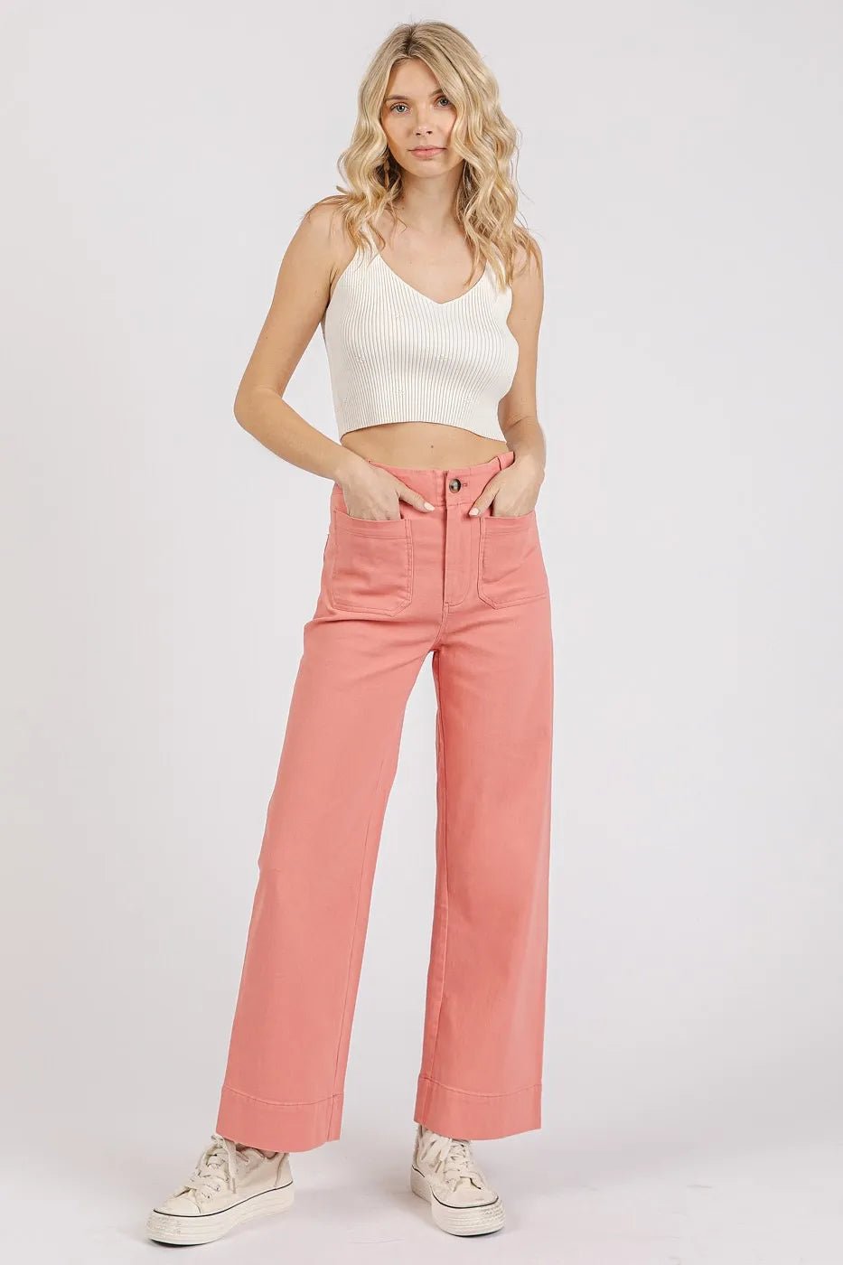 Mittoshop - Utility Wide Leg Denim Pants in Coral Pink