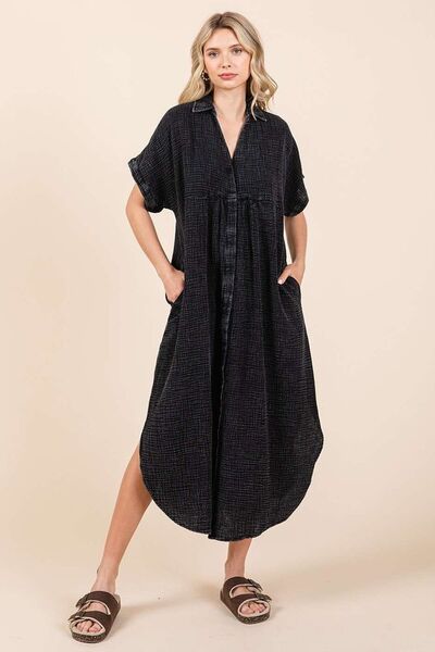 Mittoshop - V - Neck Button - Up Midi Shirt Dress in Charcoal