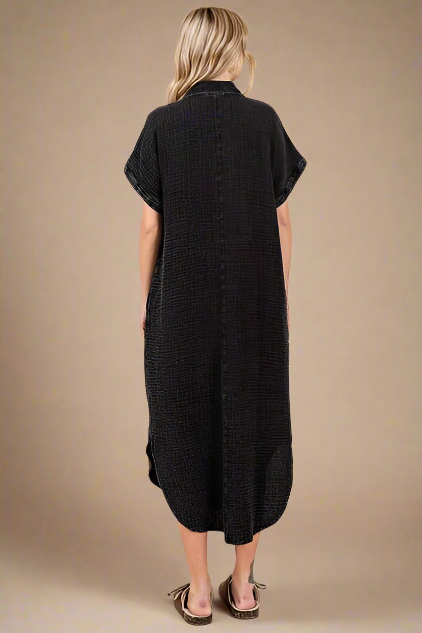 Mittoshop - V - Neck Button - Up Midi Shirt Dress in Charcoal