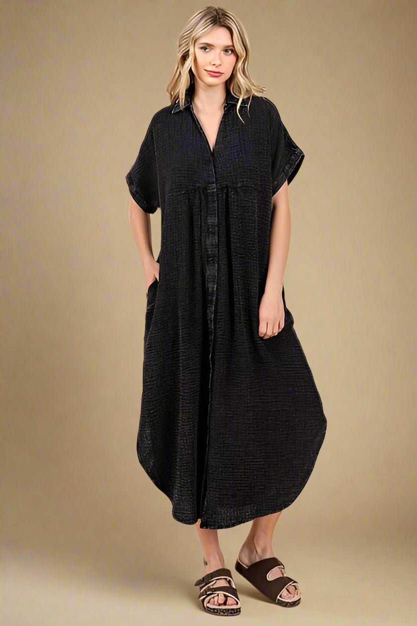 Mittoshop - V - Neck Button - Up Midi Shirt Dress in Charcoal