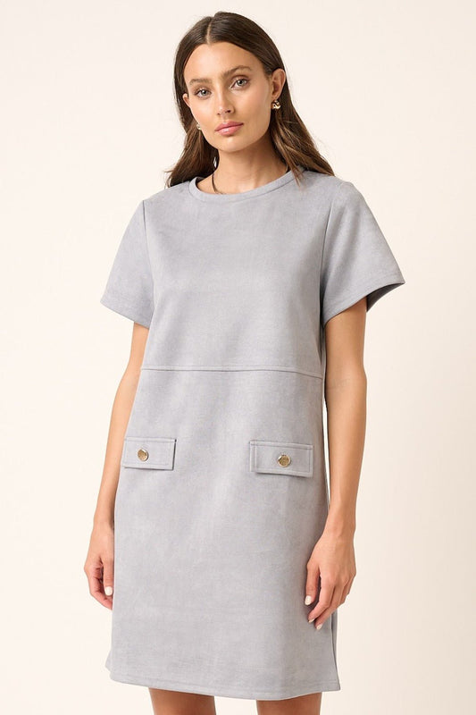 Mittoshop - Vegan Suede Short Sleeve Mini Dress in Dusty Blue