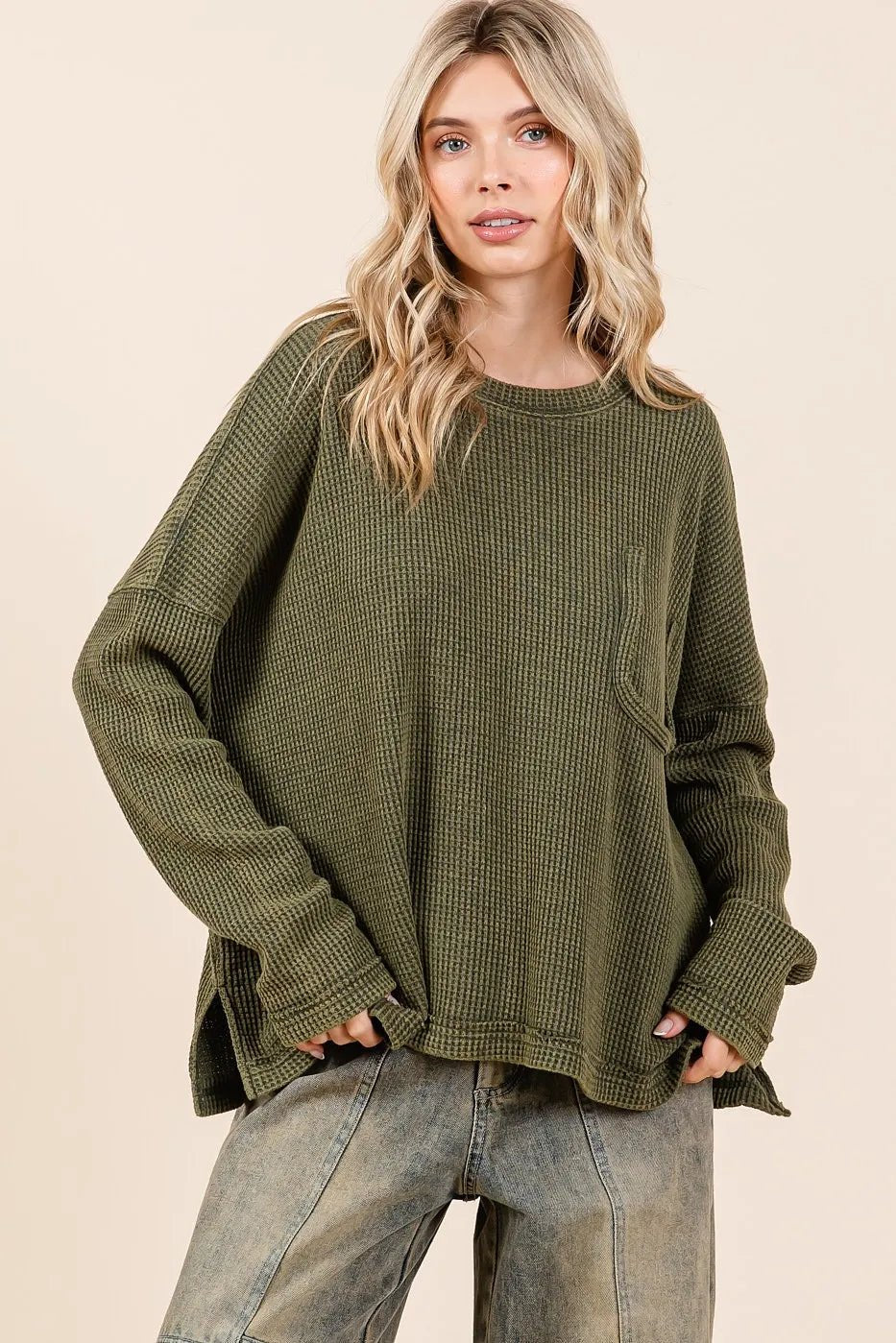 Mittoshop - Waffle Knit Pocket Pullover in Dusty Olive
