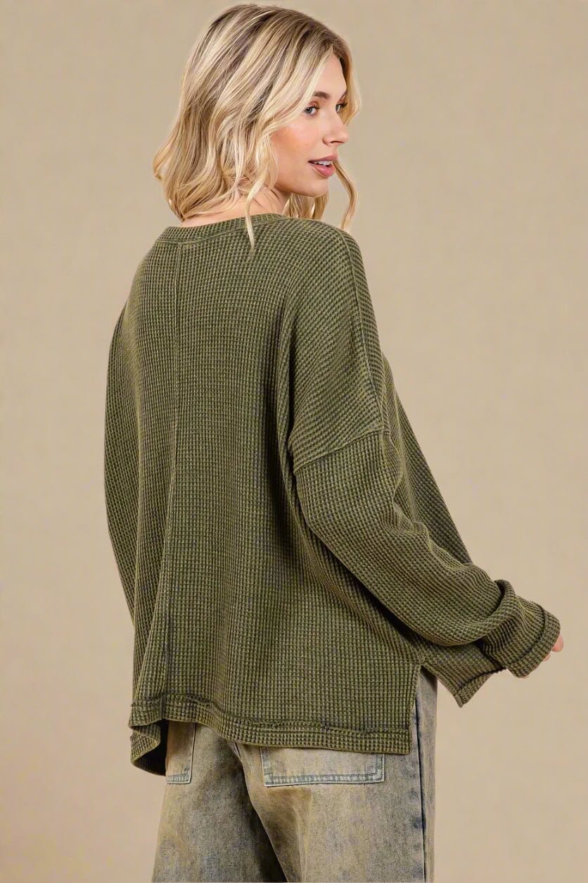 Mittoshop - Waffle Knit Pocket Pullover in Dusty Olive