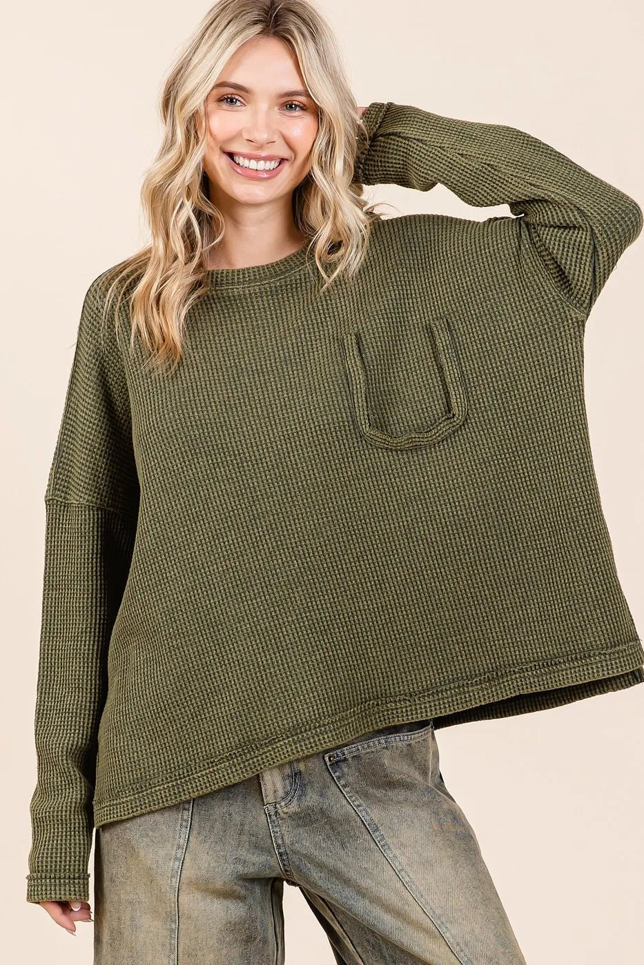 Mittoshop - Waffle Knit Pocket Pullover in Dusty Olive