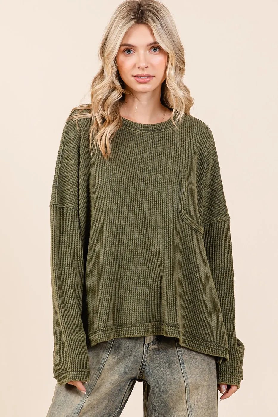 Mittoshop - Waffle Knit Pocket Pullover in Dusty Olive
