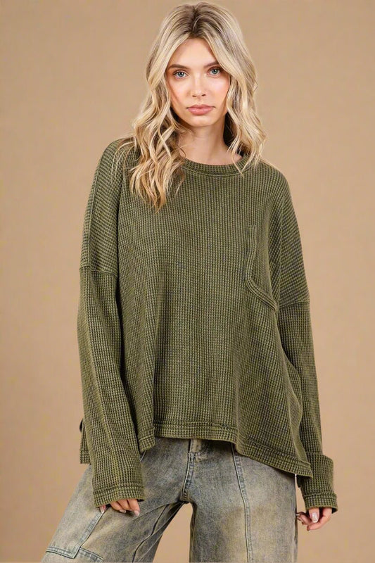 Mittoshop - Waffle Knit Pocket Pullover in Dusty Olive