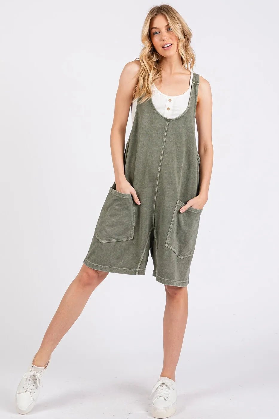 Mittoshop - Washed Cotton Overall Romper in Olive Green