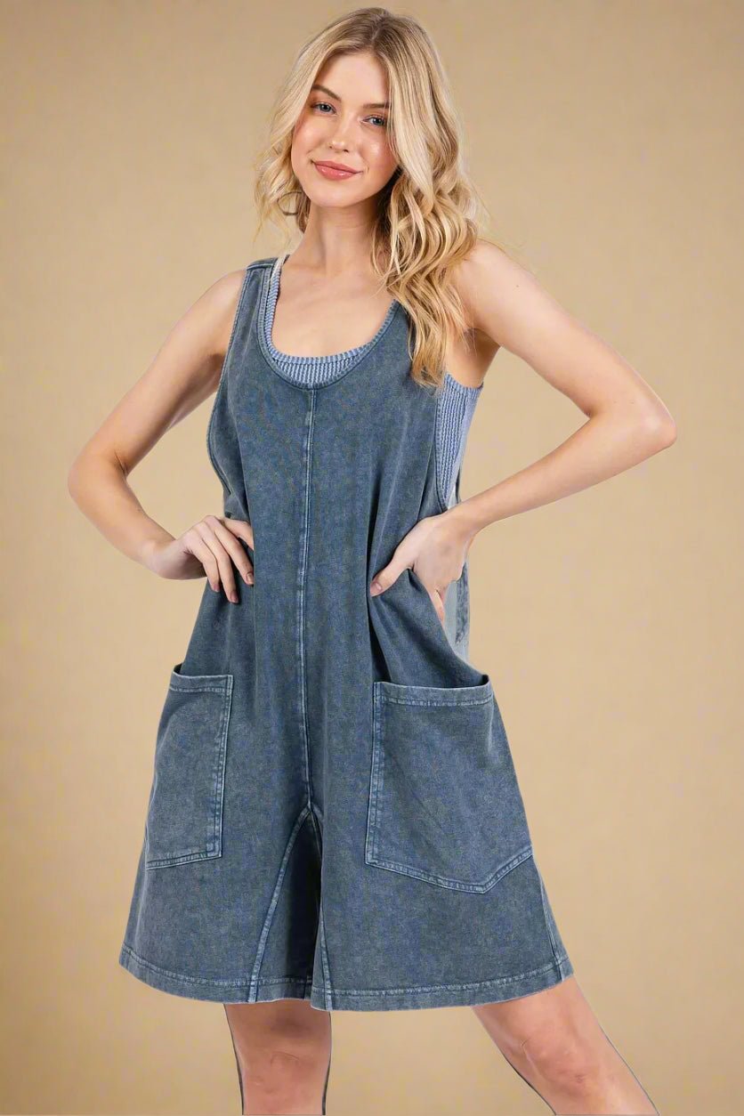 Mittoshop - Washed Denim Pocket Romper in Faded Blue