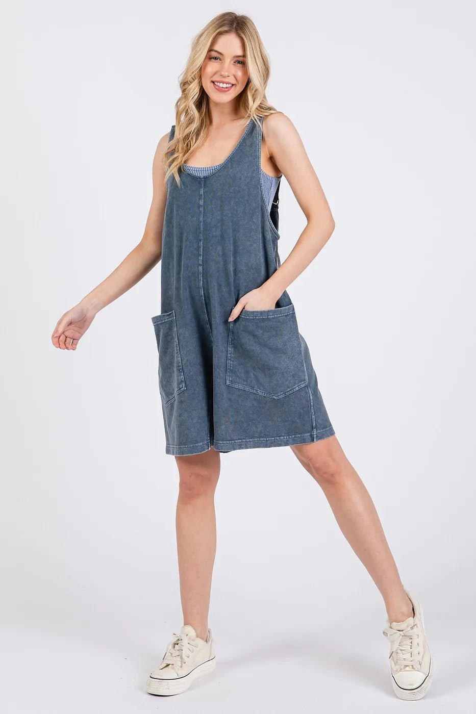 Mittoshop - Washed Denim Pocket Romper in Faded Blue