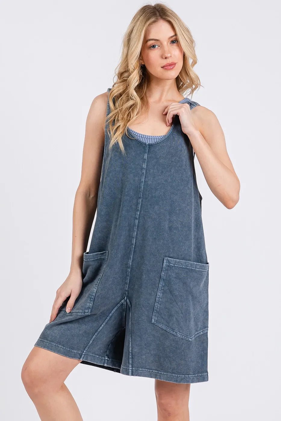 Mittoshop - Washed Denim Pocket Romper in Faded Blue