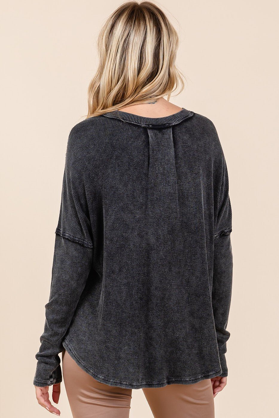 Mittoshop - Washed V - Neck Long Sleeve Blouse in Charcoal