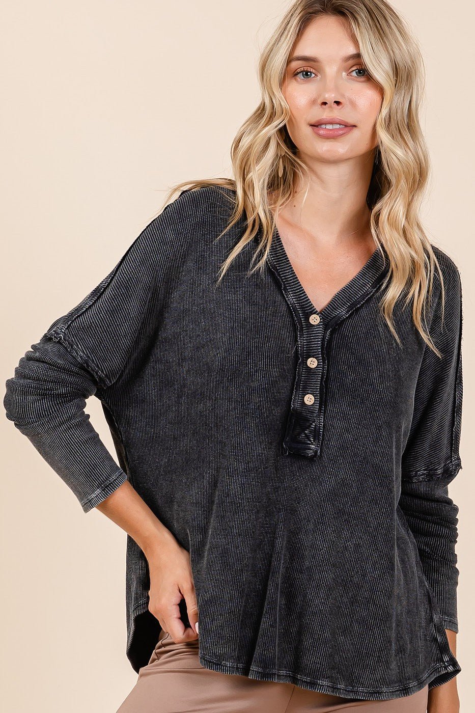 Mittoshop - Washed V - Neck Long Sleeve Blouse in Charcoal