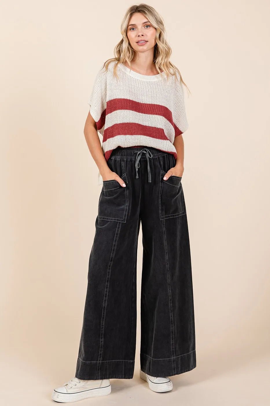 Mittoshop - Washed Wide Leg Drawstring Pants in Charcoal Black
