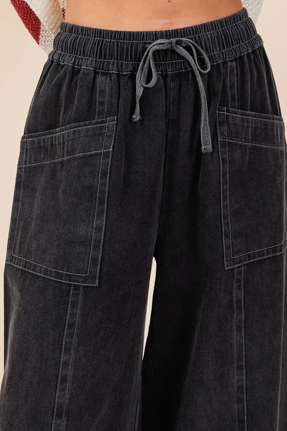 Mittoshop - Washed Wide Leg Drawstring Pants in Charcoal Black