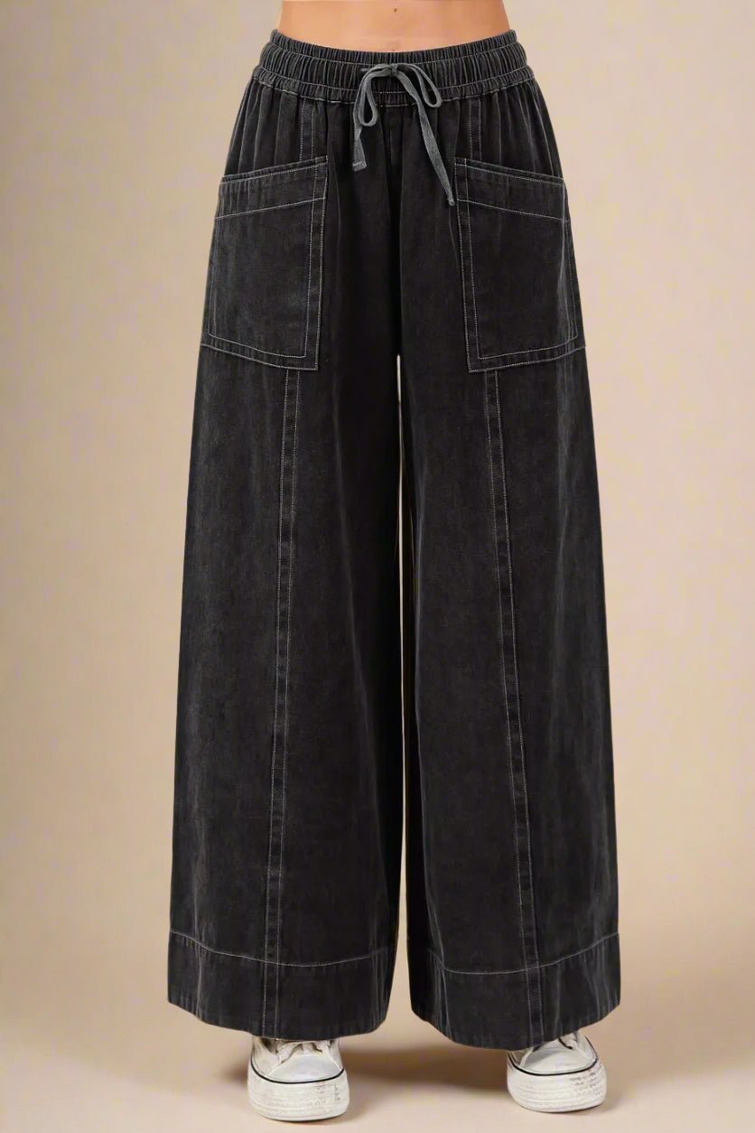 Mittoshop - Washed Wide Leg Drawstring Pants in Charcoal Black